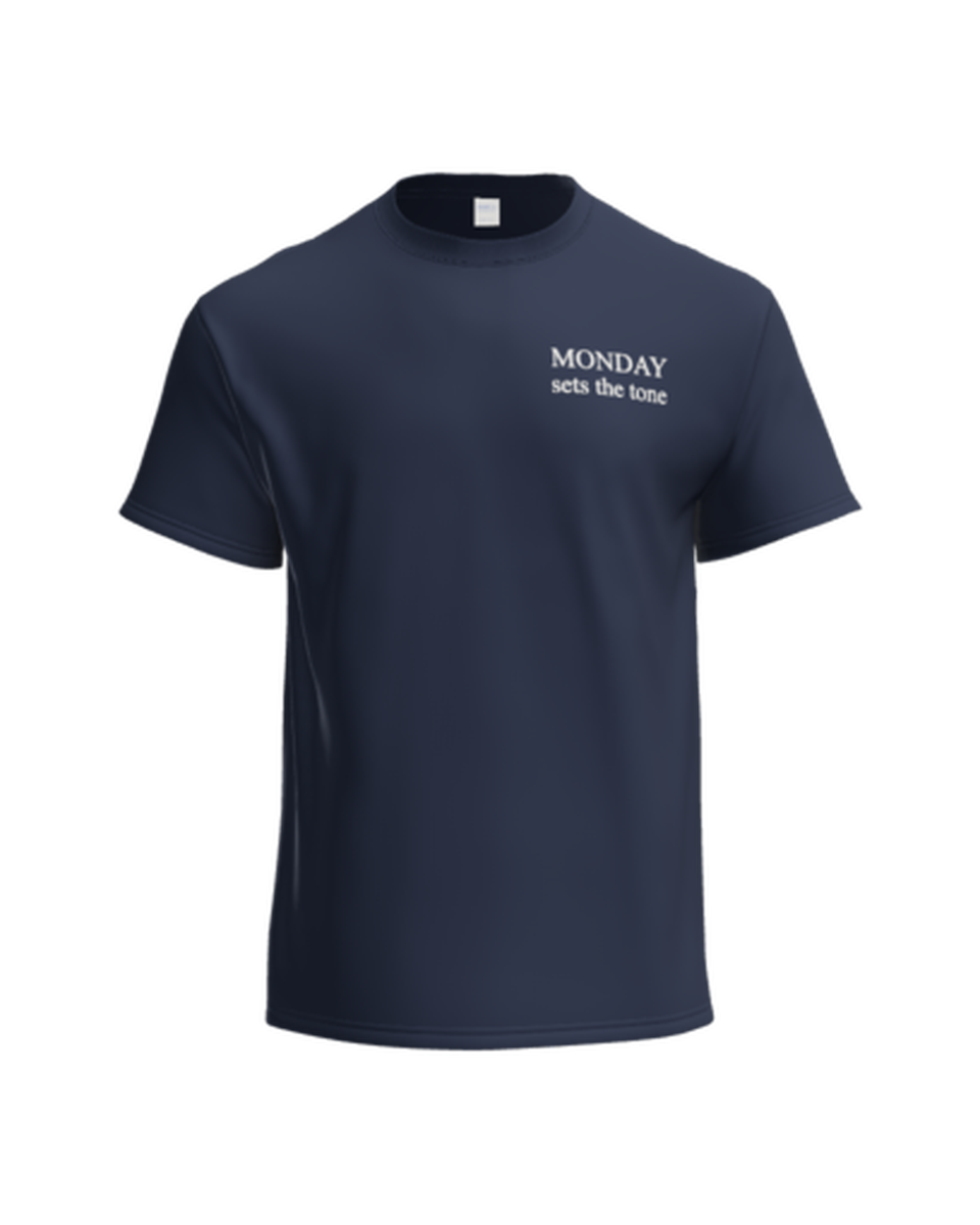 The Monday Tee in navy — front view with the MONDAY sets the tone chest mark