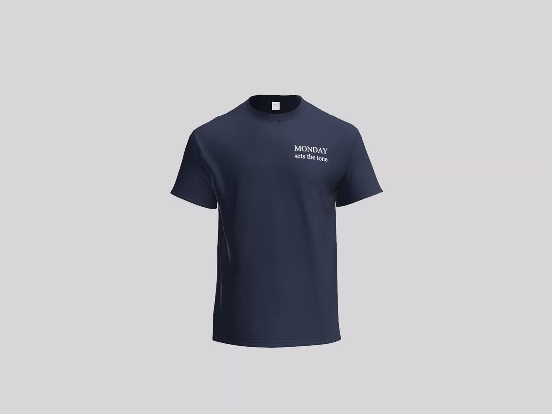 The Monday Tee in navy — rotating 360 degree view