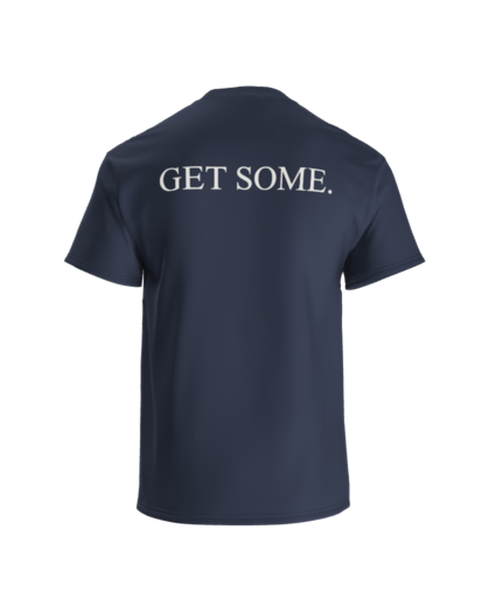 The Monday Tee in navy — back view with the GET SOME. print